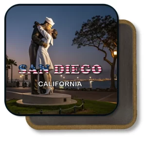 San Diego California Square Fridge Magnet - Kiss Sculptue and Downtown Skyline