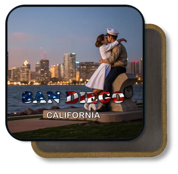 San Diego California Square Fridge Magnet - Kiss Sculptue and Downtown Skyline