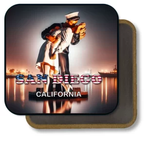 San Diego California Square Fridge Magnet - Kiss Sculptue and Downtown Skyline