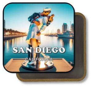 San Diego California Square Fridge Magnet - Kiss Sculptue and Sunset