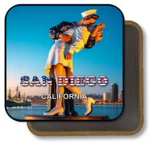San Diego California Square Fridge Magnet - Kiss Sculptue and Downtown Skyline at Subset