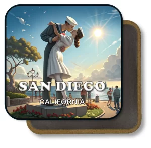 San Diego California Square Fridge Magnet - Kiss Sculptue in Sunny Day