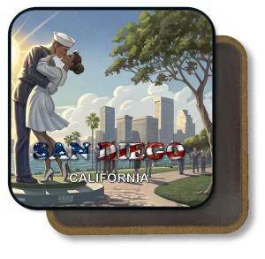 San Diego California Square Fridge Magnet - Kiss Sculptue and Downtown Background