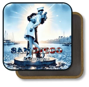 San Diego California Square Fridge Magnet - Water Ink Painting of Kiss Sculptue and Bay