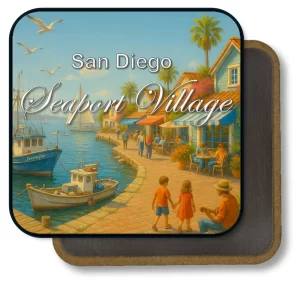 San Diego California Square Fridge Magnet - Happy Life in Seaport Village Painitng 2
