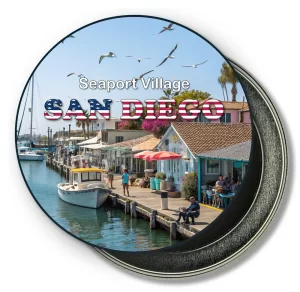 San Diego California Round Fridge Magnet - Happy Life in Seaport Village Painitng