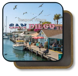 San Diego California Square Fridge Magnet - Happy Life in Seaport Village Painitng