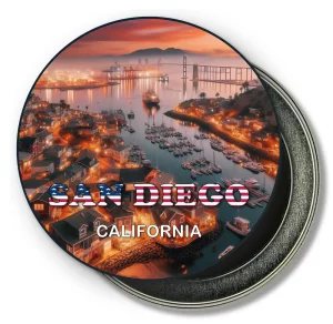 San Diego California Round Fridge Magnet - Sunset at Seaport Village