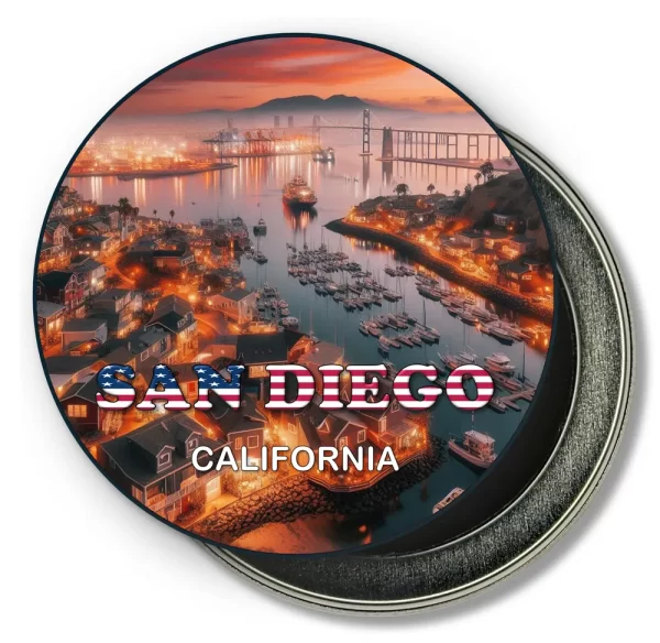 San Diego California Round Fridge Magnet - Sunset at Seaport Village
