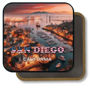 San Diego California Square Fridge Magnet - Sunset at Seaport Village