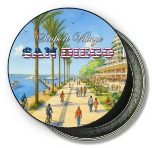 San Diego California Round Fridge Magnet - Sunny Day at Seaport Village Painting