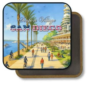 San Diego California Square Fridge Magnet - Sunny Day at Seaport Village Painting
