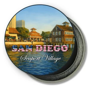 San Diego California Round Fridge Magnet - Sunny Day at Seaport Village Painting