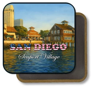 San Diego California Square Fridge Magnet - Sunny Day at Seaport Village Painting