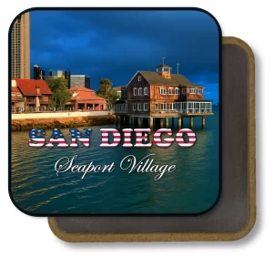 San Diego California Square Fridge Magnet - Sunny Day at Seaport Village Painting