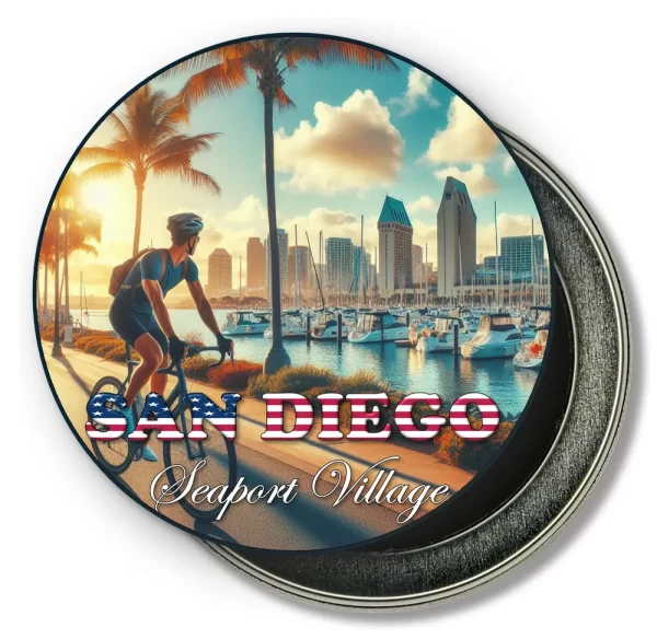 San Diego California Round Fridge Magnet - Sunlit Stroll by the Marina
