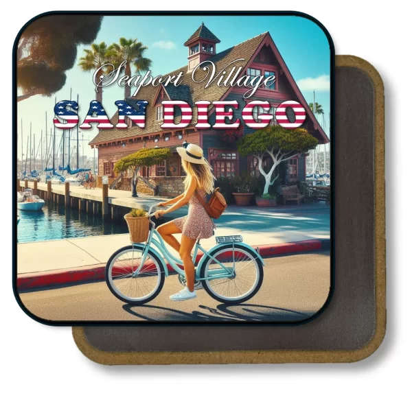 San Diego California Square Fridge Magnet - Sunlit Stroll by the Marina