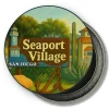 San Diego California Round Fridge Magnet - Seaport Village Welcome, A Coastal Landmark in Vintage Style