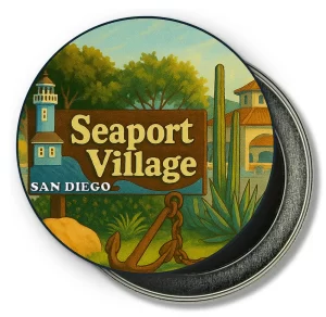 San Diego California Round Fridge Magnet - Seaport Village Welcome, A Coastal Landmark in Vintage Style