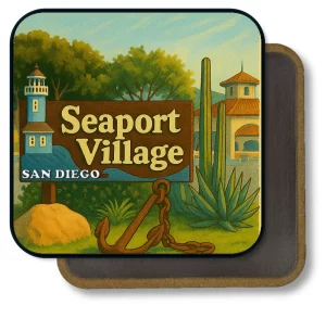 San Diego California Square Fridge Magnet - Seaport Village Welcome, A Coastal Landmark in Vintage Style