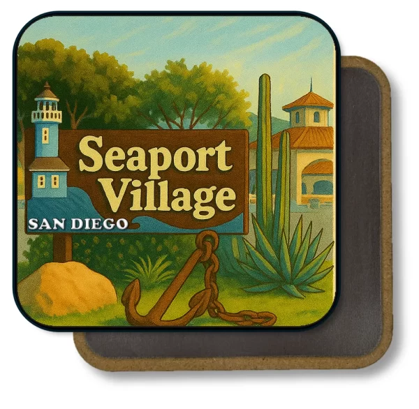 San Diego California Square Fridge Magnet - Seaport Village Welcome, A Coastal Landmark in Vintage Style