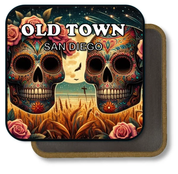 San Diego California Souvenir Magnet - Twin Skulls with Roses and Moon