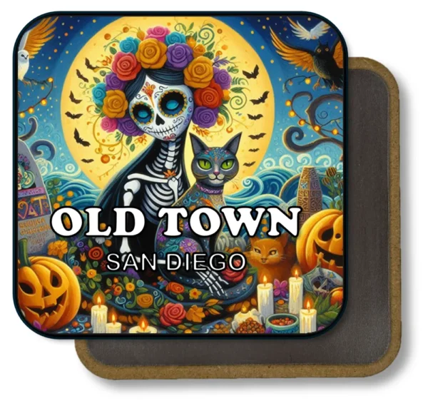 San Diego California Souvenir Magnet - Skeleton Lady with Cats and Pumpkins