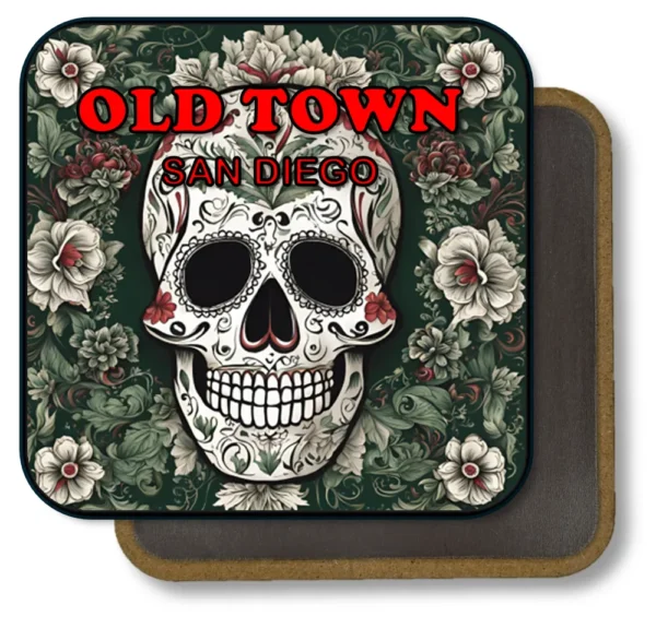 San Diego California Souvenir Magnet - Ornate Sugar Skull with Green Flowers